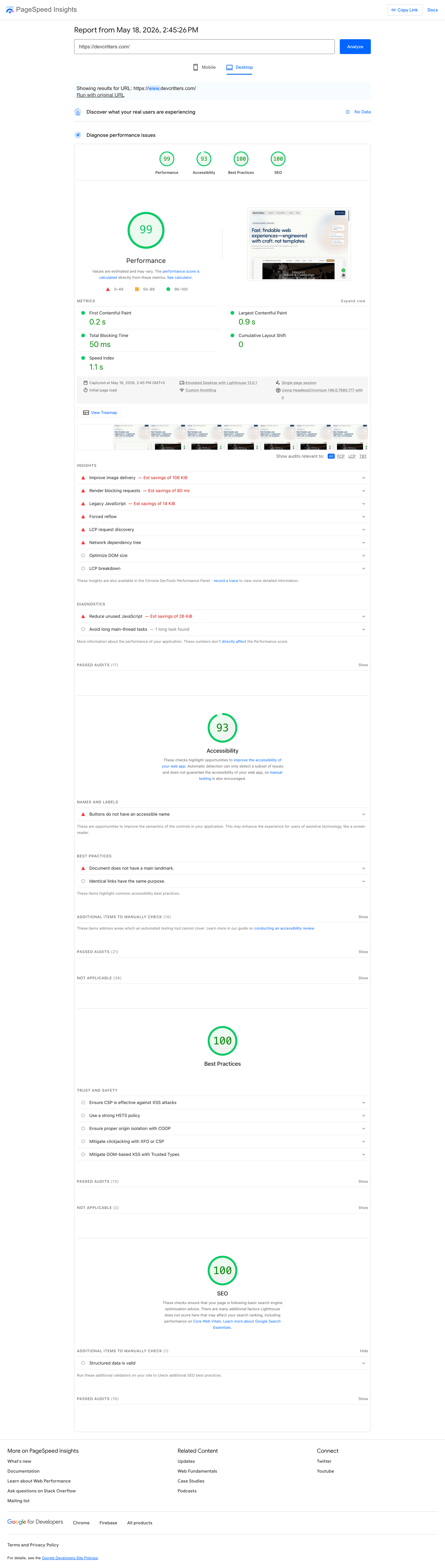 PageSpeed Insights report for devcritters.com showing 99 performance and 100 SEO on desktop